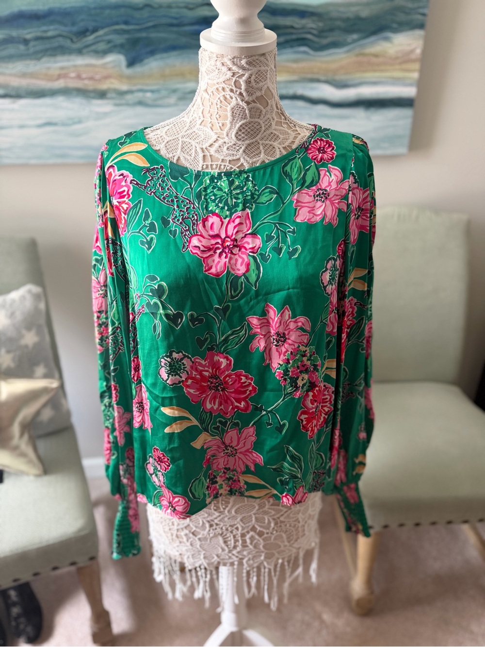 Lilly Pulitzer Women's Green Floral Blouse - Bright Pink Bloom Print